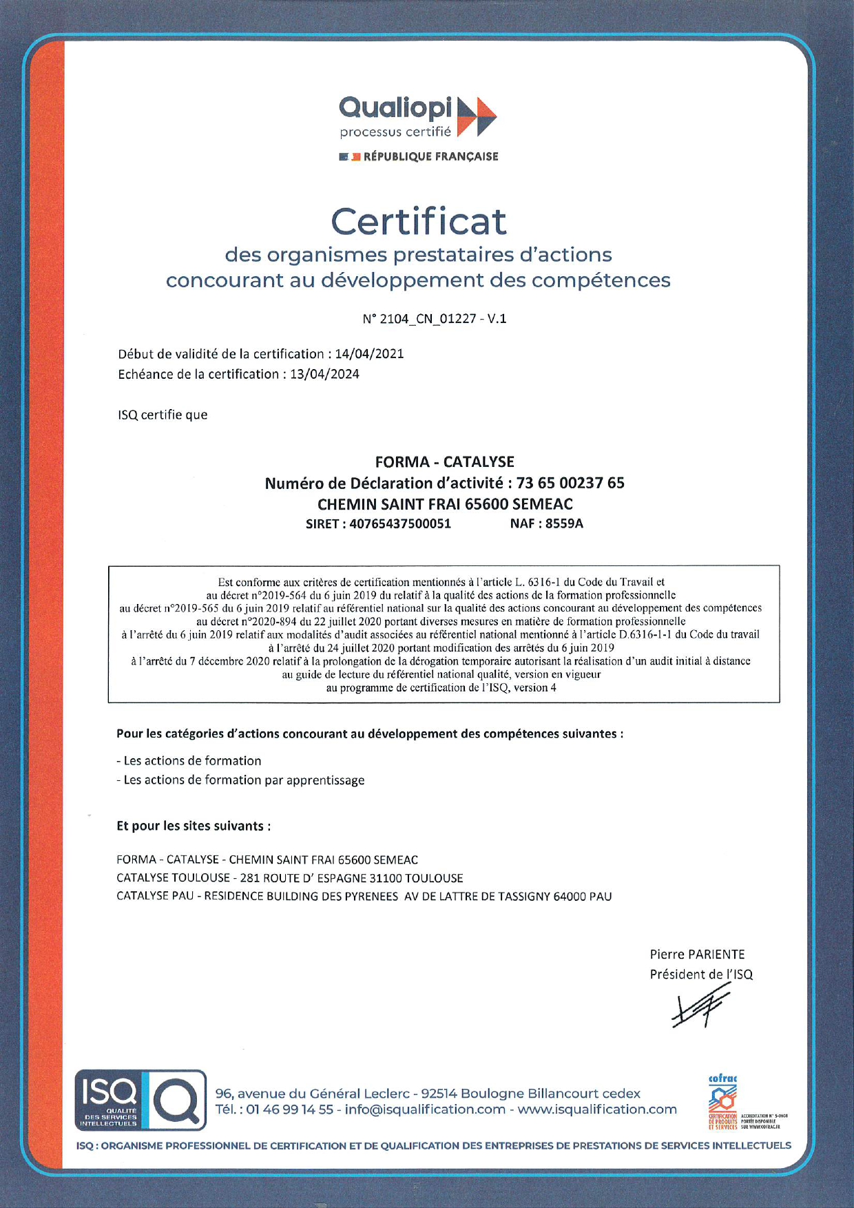 CATALYSE CFA certifié QUALIOPI